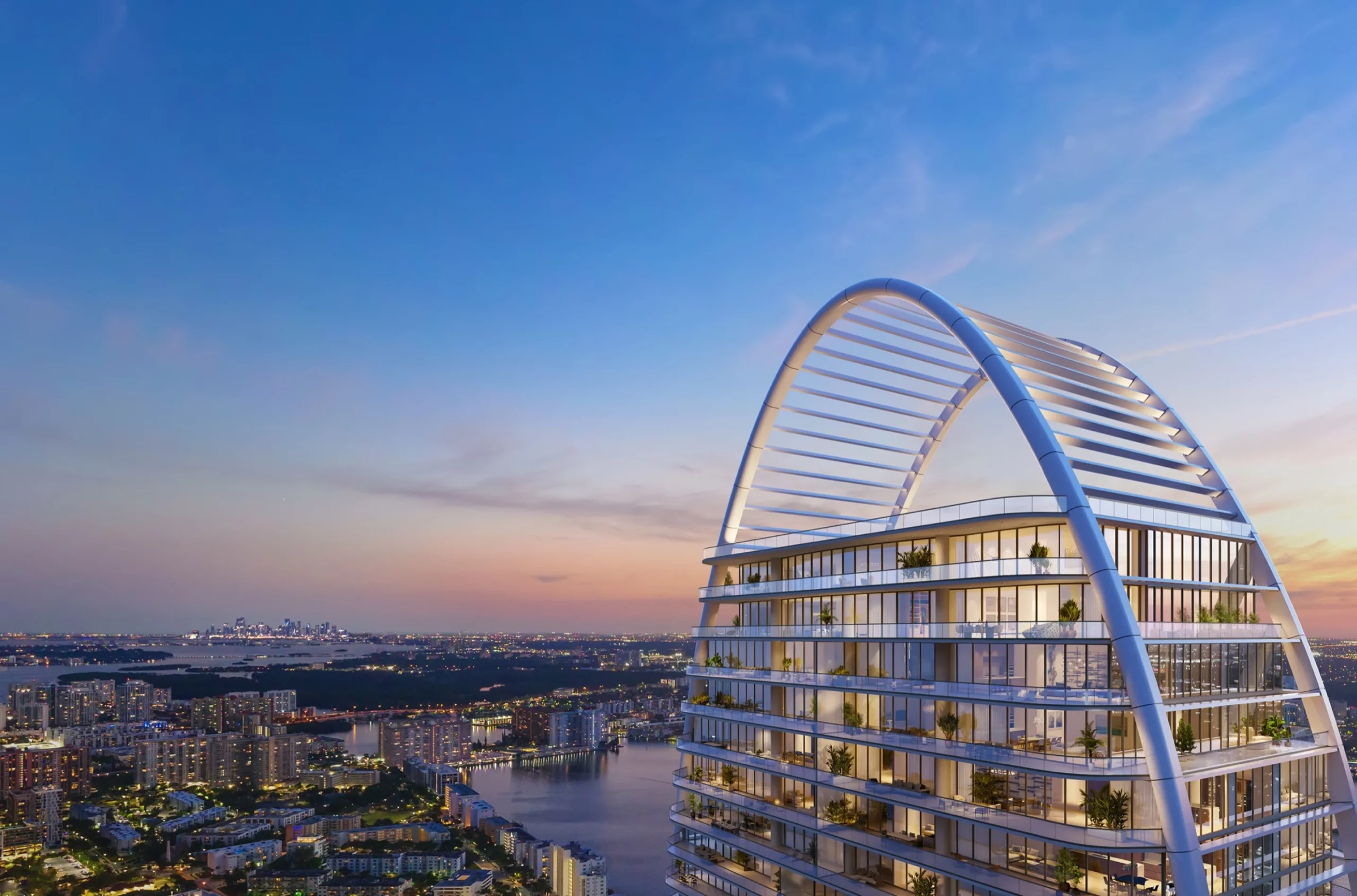 The elliptical tower crown rising above the Atlantic
