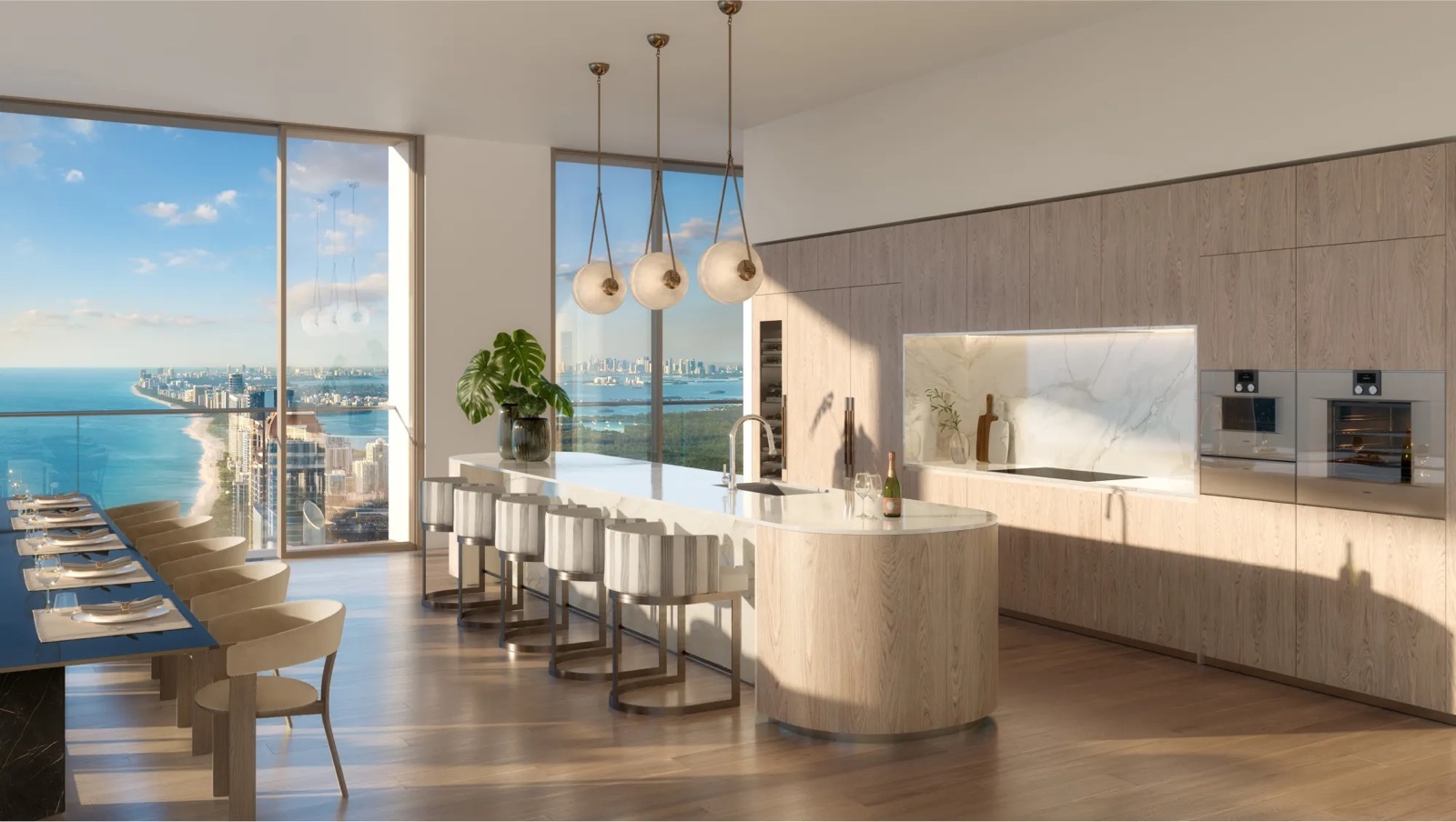 Italian kitchen with a long island and ocean views
