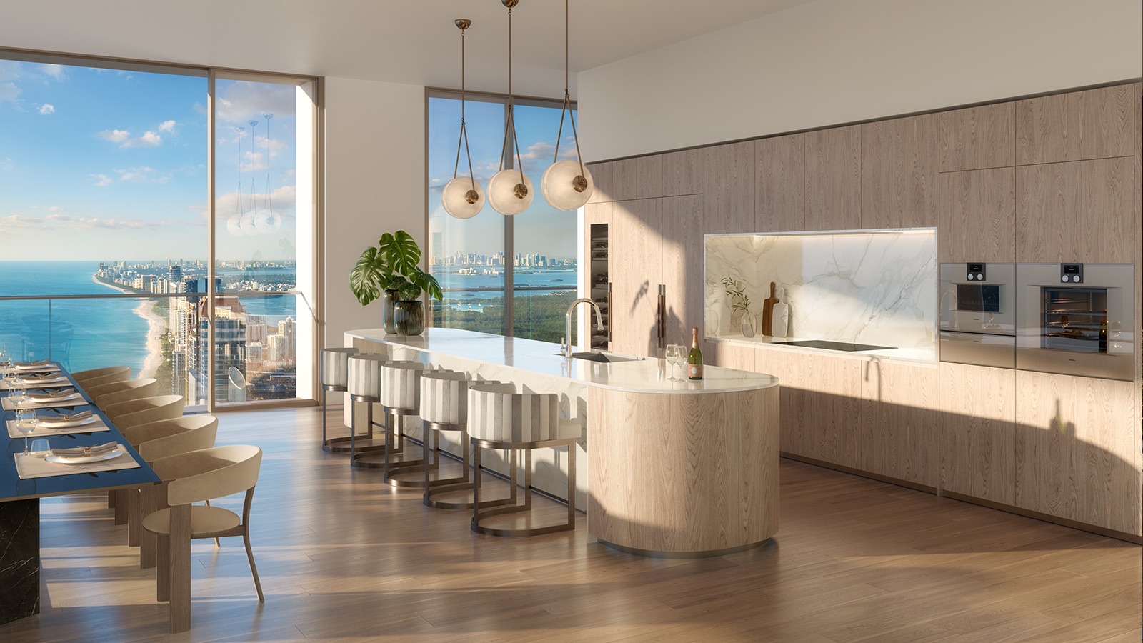 Kitchen island with views down the coast